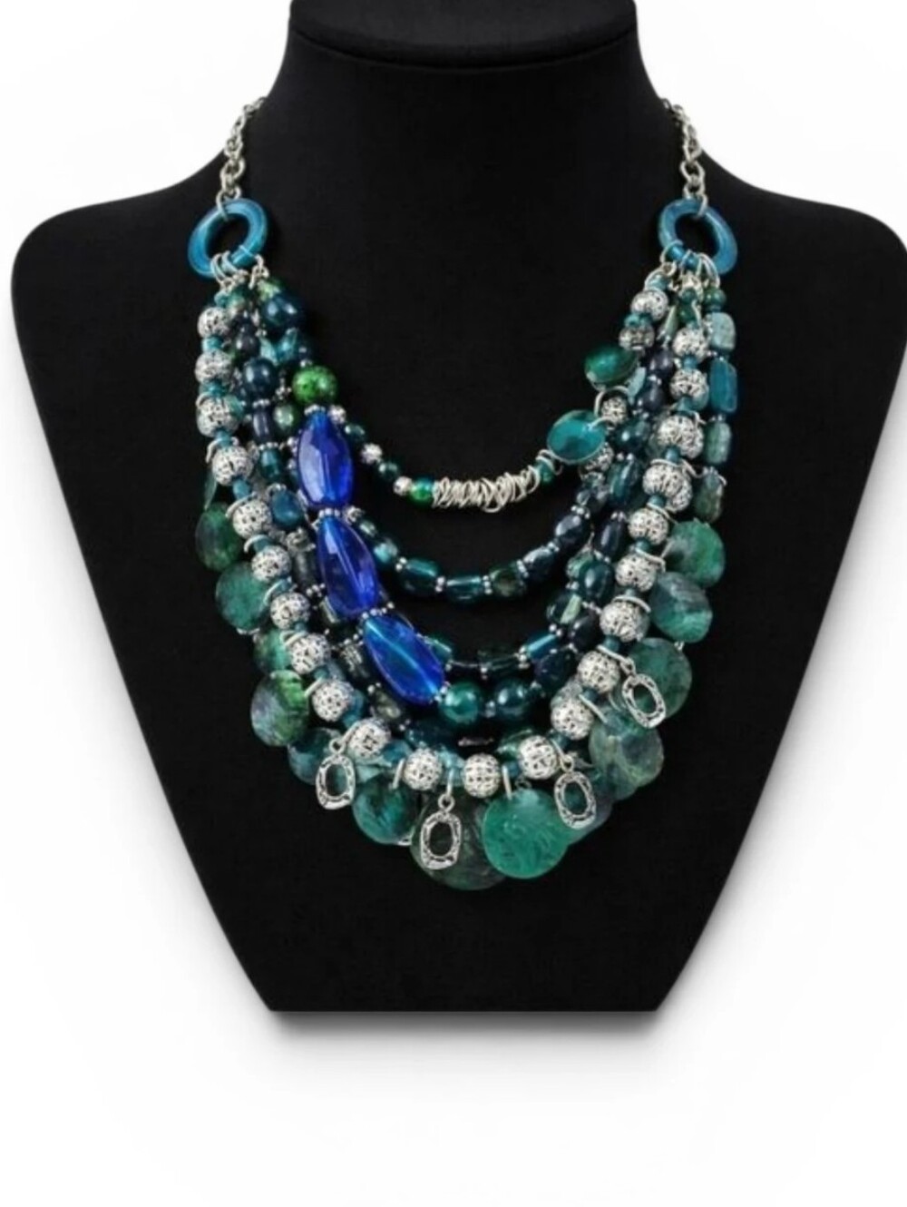 Boho Multi-Strand Statement Necklace Blue & Green Beaded